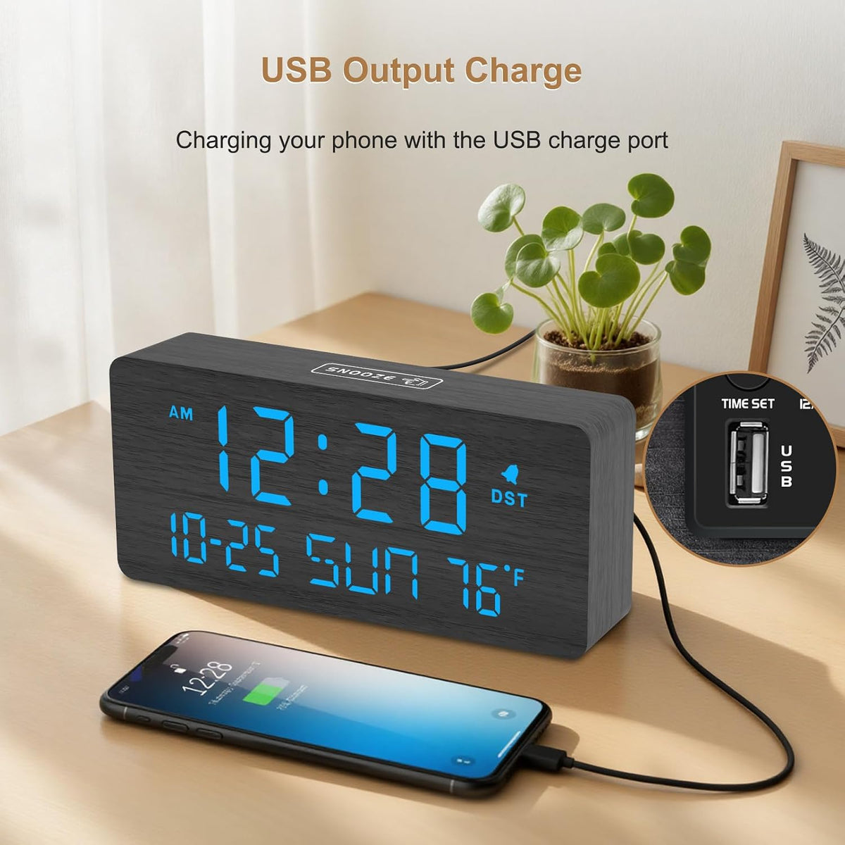 DreamSky Wooden Digital Alarm Clocks for Bedrooms with Date & Day of Week | Living Room Desk Clock, Temperature, USB