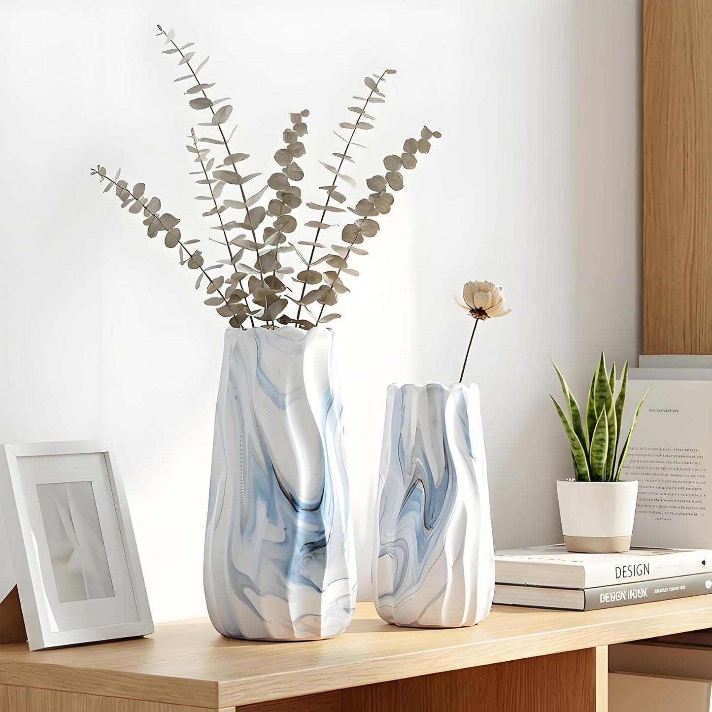 Ceramic Vase / Blue and White Wave Vases / Blue Marble / Set of 2