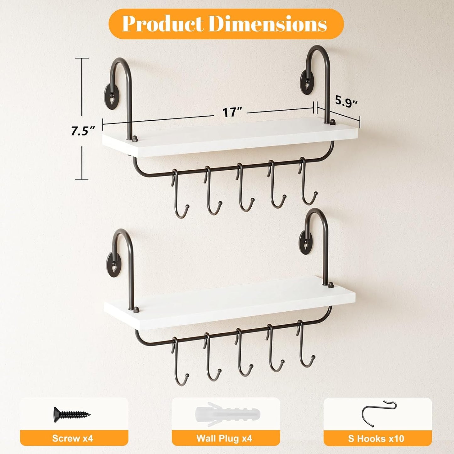 Olakee Floating Wall Shelves for Kitchen Bathroom Coffee Nook with 10 Adjustable Hooks for Mugs Cooking Utensils or