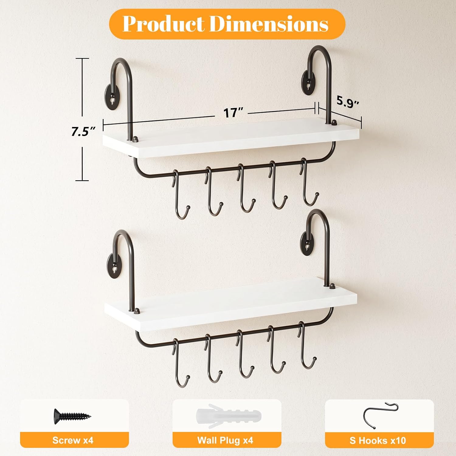 Olakee Floating Wall Shelves for Kitchen Bathroom Coffee Nook with 10 Adjustable Hooks for Mugs Cooking Utensils or