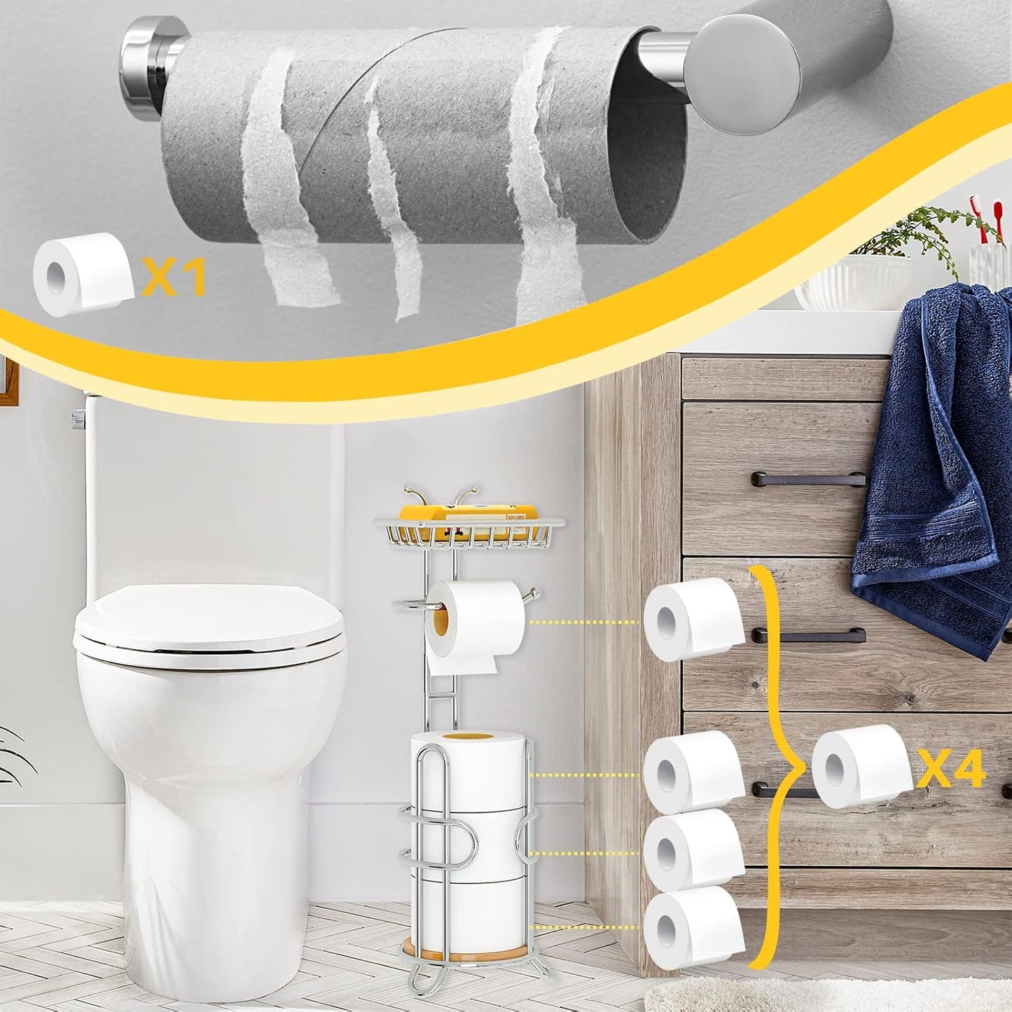 Toilet Paper Holder Stand, Free Standing Tissue Roll Storage Rack with Shelf for Bathroom, Chrome
