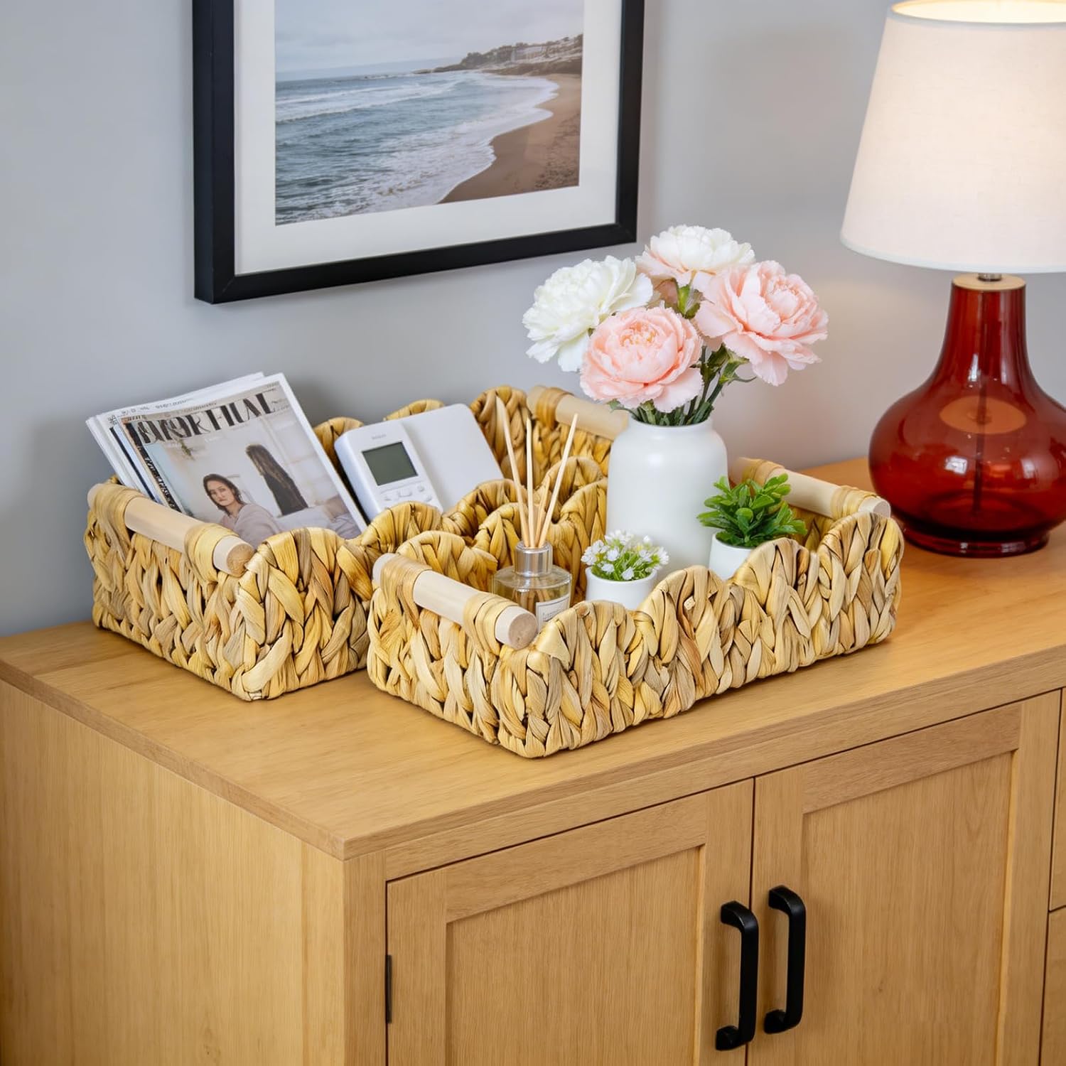 Modern Farmhouse Home Decor Scalloped Basket for Organizing / 14.76 x 7.08 x 3.937 / Set of 2