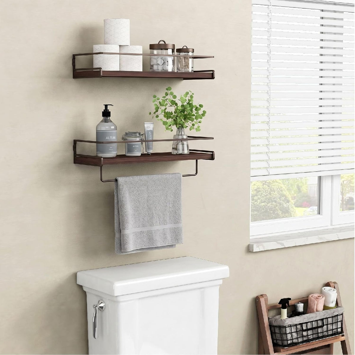 Forbena Dark Brown Kitchen Shelves Wall Mounted Set of 2, Walnut Brown Floating Kitchen Wall Shelves with Rail, Hanging