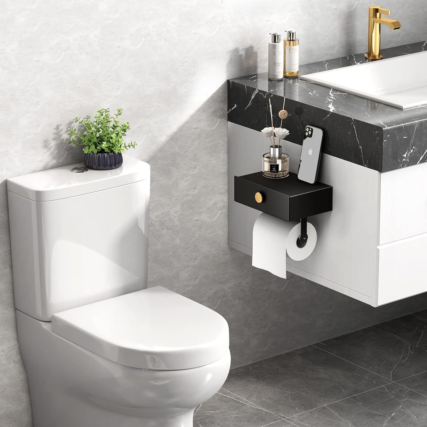 VOLDRA Toilet Paper Holder with Shelf Black Wipes Dispenser for Bathroom Stainless Steel Toilet Paper Holder with