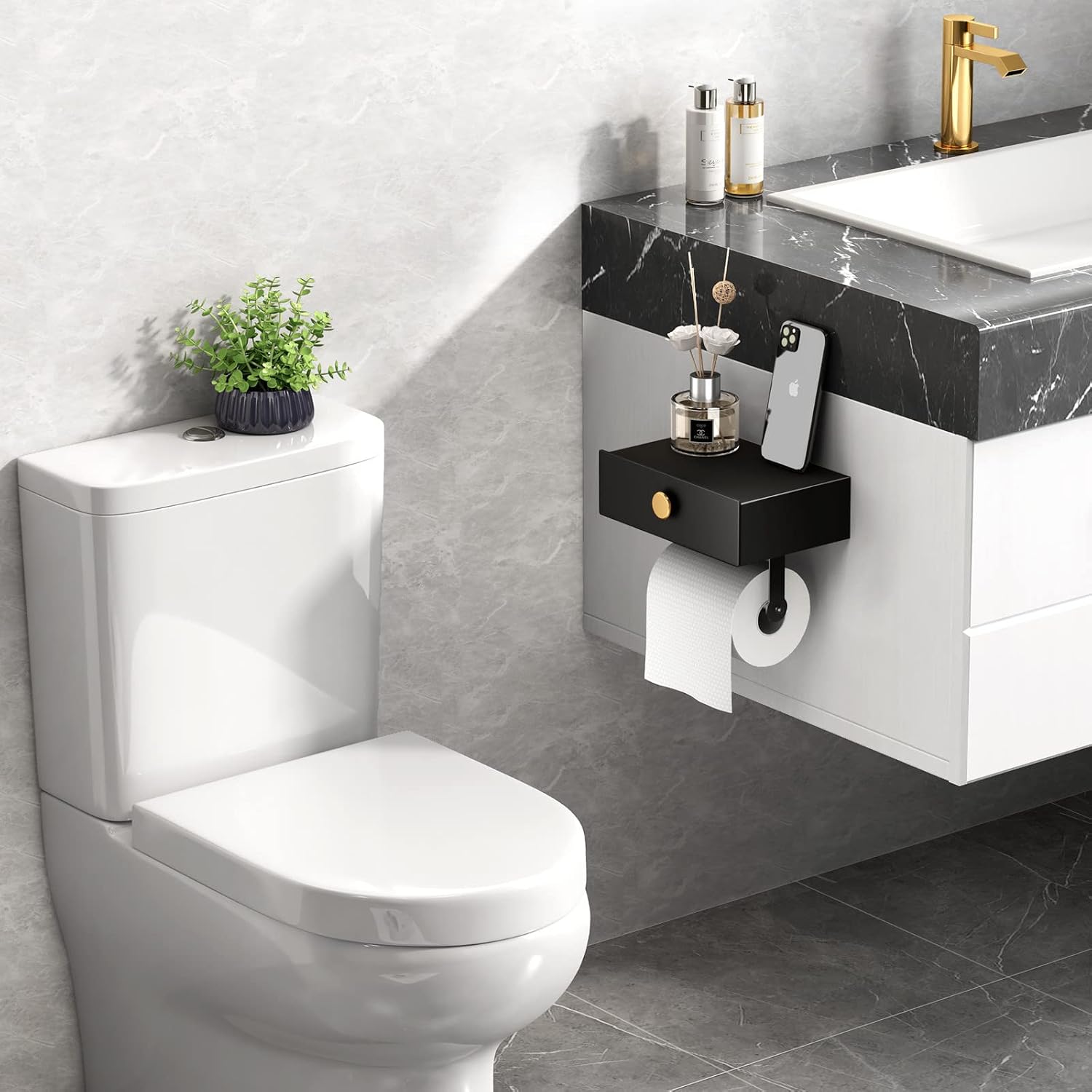 VOLDRA Toilet Paper Holder with Shelf Black Wipes Dispenser for Bathroom Stainless Steel Toilet Paper Holder with