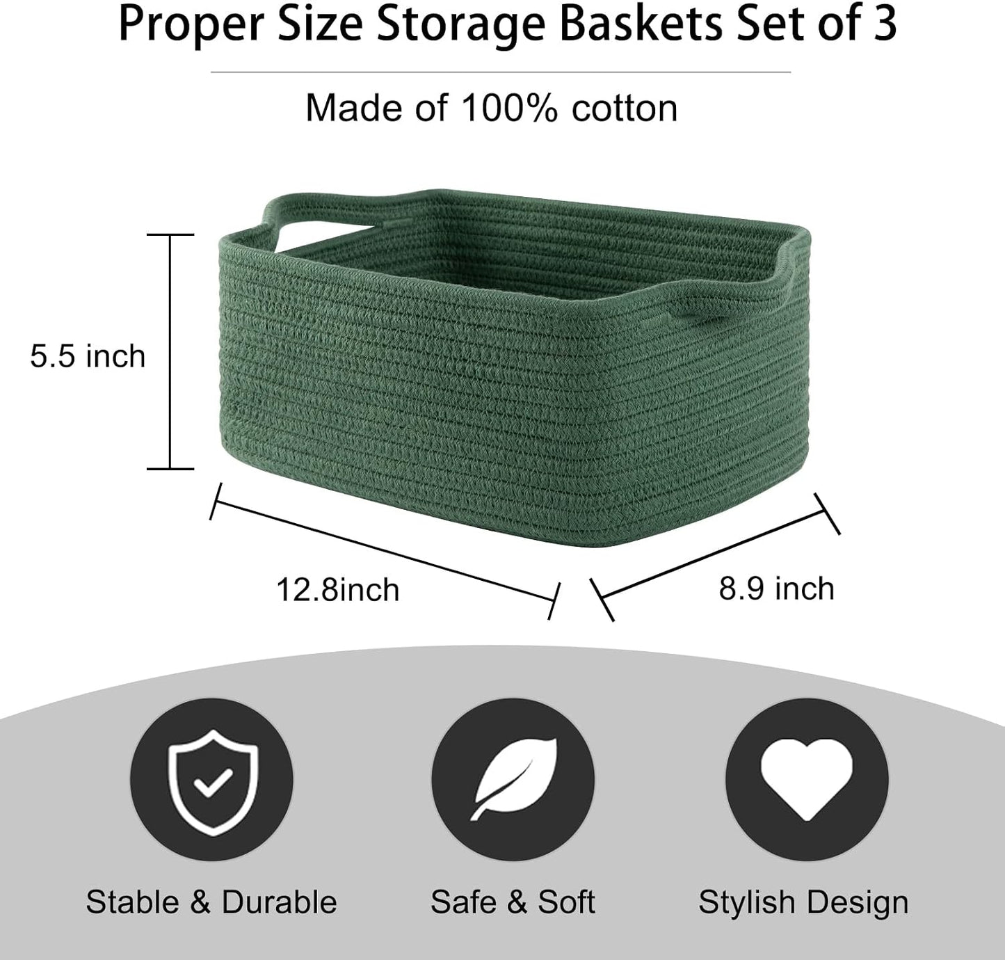 Cotton Rope Woven Baskets for Storage / Green / Set of 3