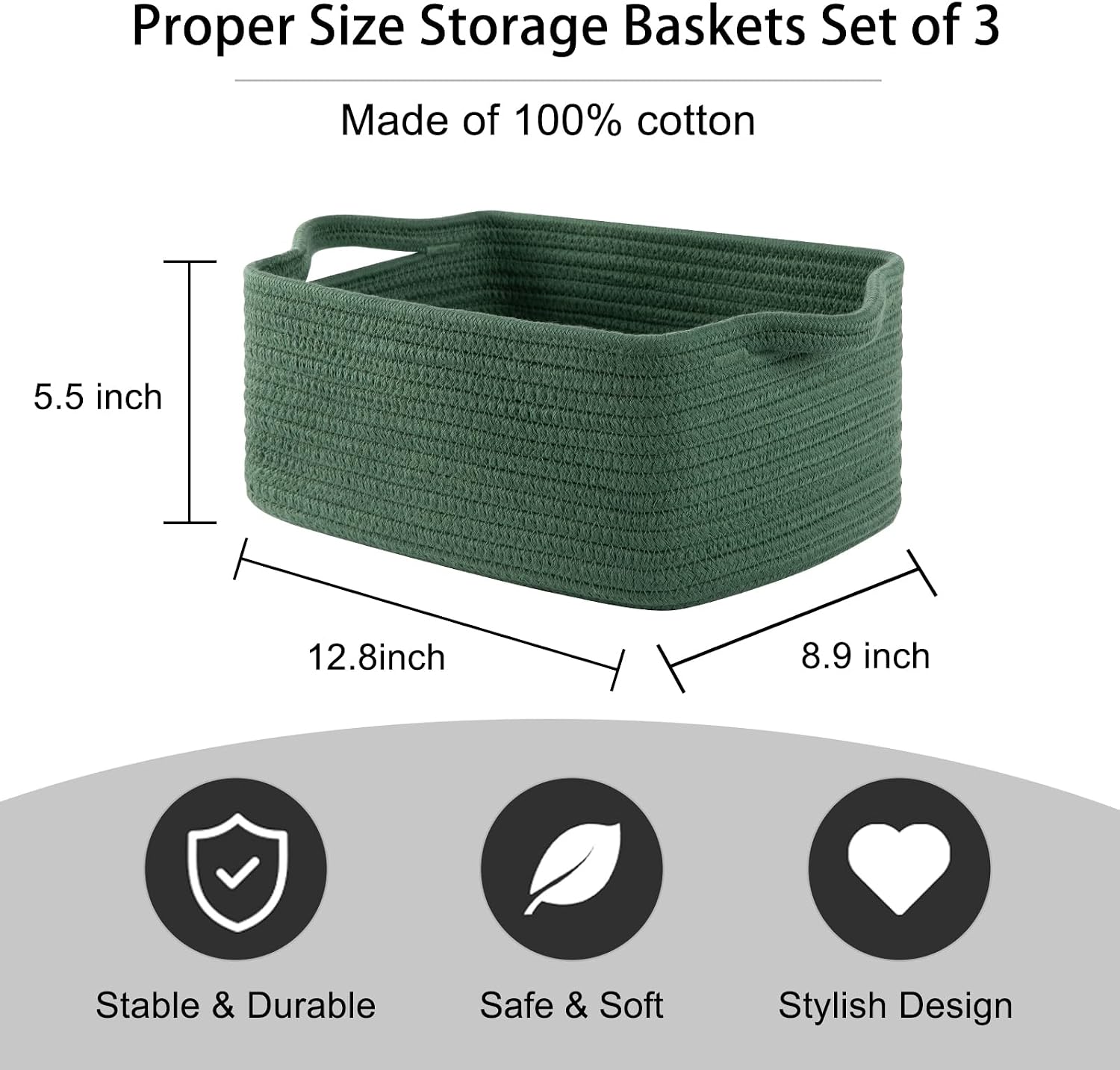 Cotton Rope Woven Baskets for Storage / Green / Set of 3