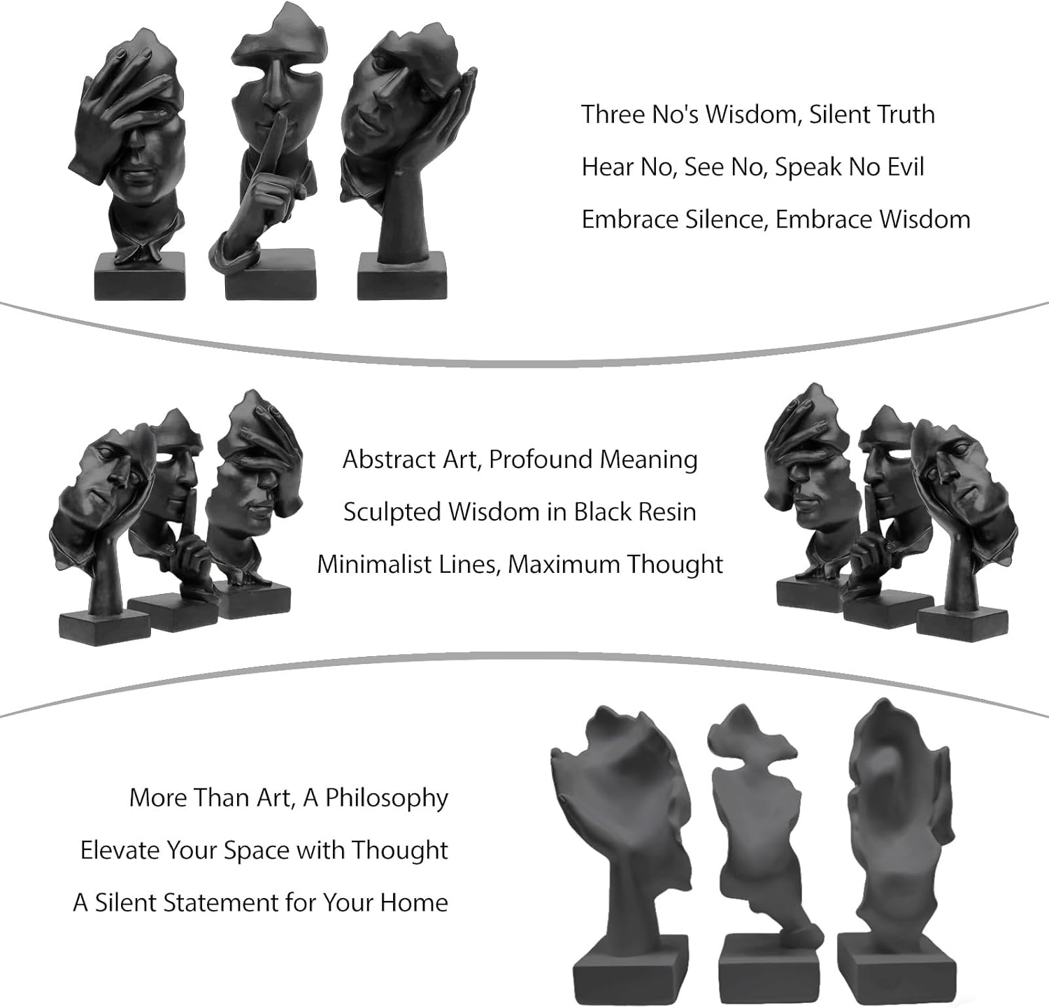 Thinker Statue / Silence is Gold Abstract Art Figurine / Small / Black / Set of 3