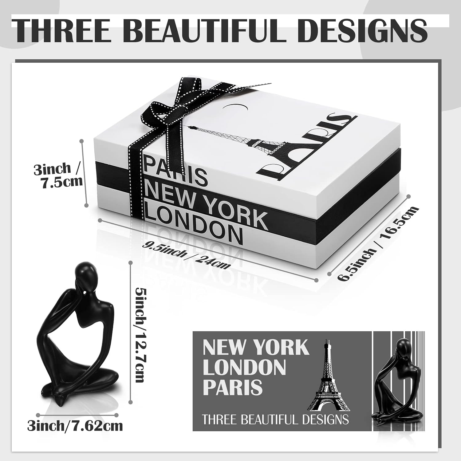 Resin Statue Thinker Decoration Wooden Farmhouse / Black, White / Paris, London, New York / Set of 4