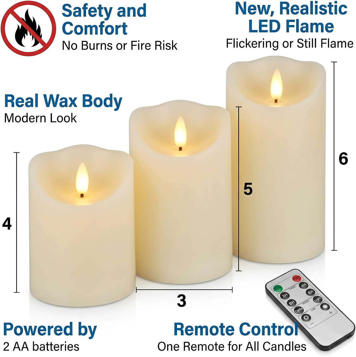 VENTA Set of 3 Warm Ivory Pillar Candles | Real Wax Battery Operated Candles with Flickering Flame | Timeless
