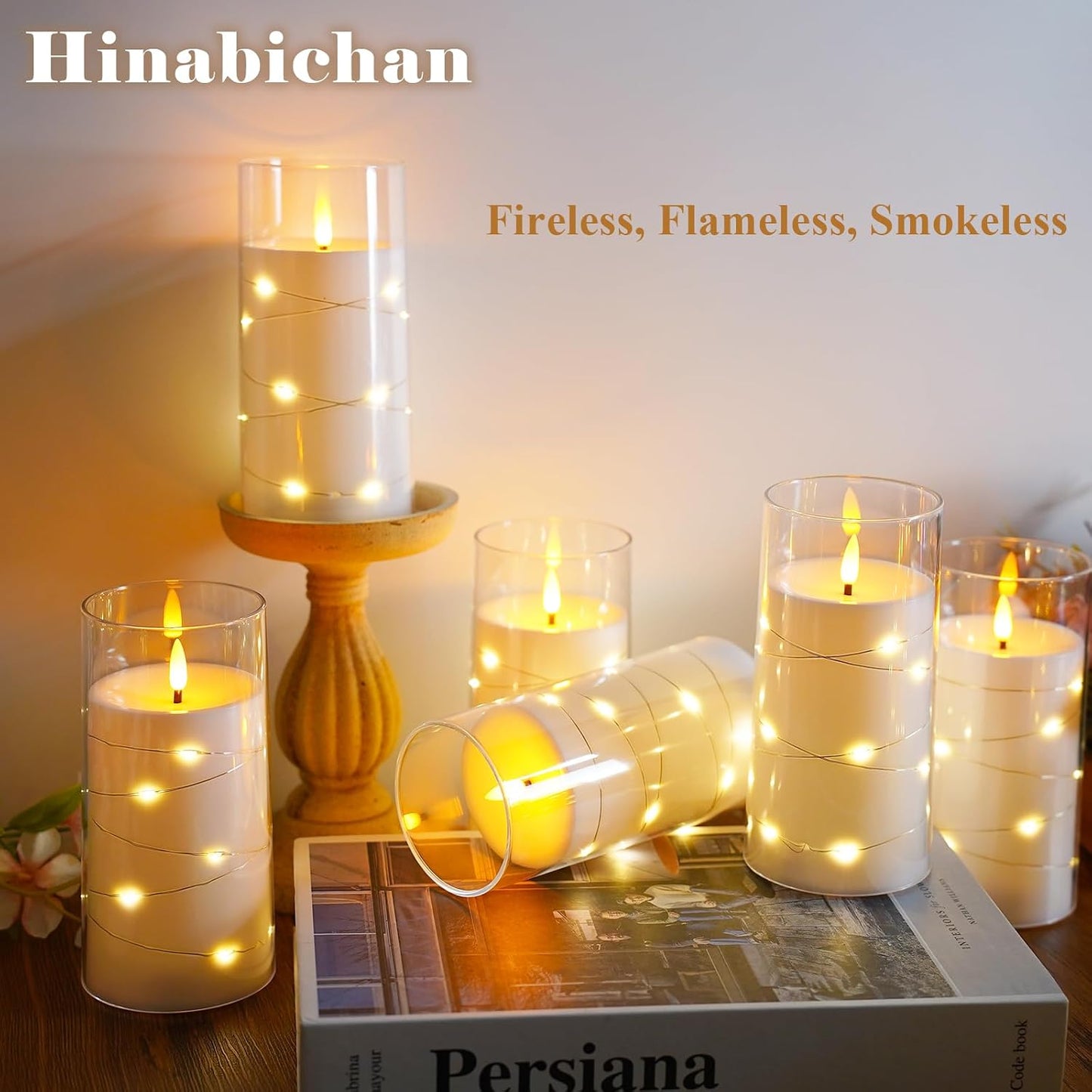 Flickering Flameless Candles with Remote Timer, 6pcs LED Battery Operated Candles with Embedded String Lights White, D3