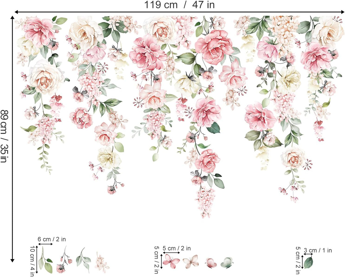 Large Flowers Wall Stickers Hanging Vine Floral Leaves Peel and Stick Wall Art Decals / Pink