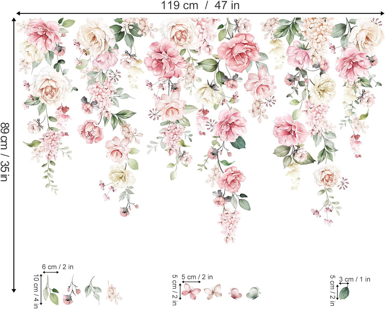 Large Flowers Wall Stickers Hanging Vine Floral Leaves Peel and Stick Wall Art Decals / Pink