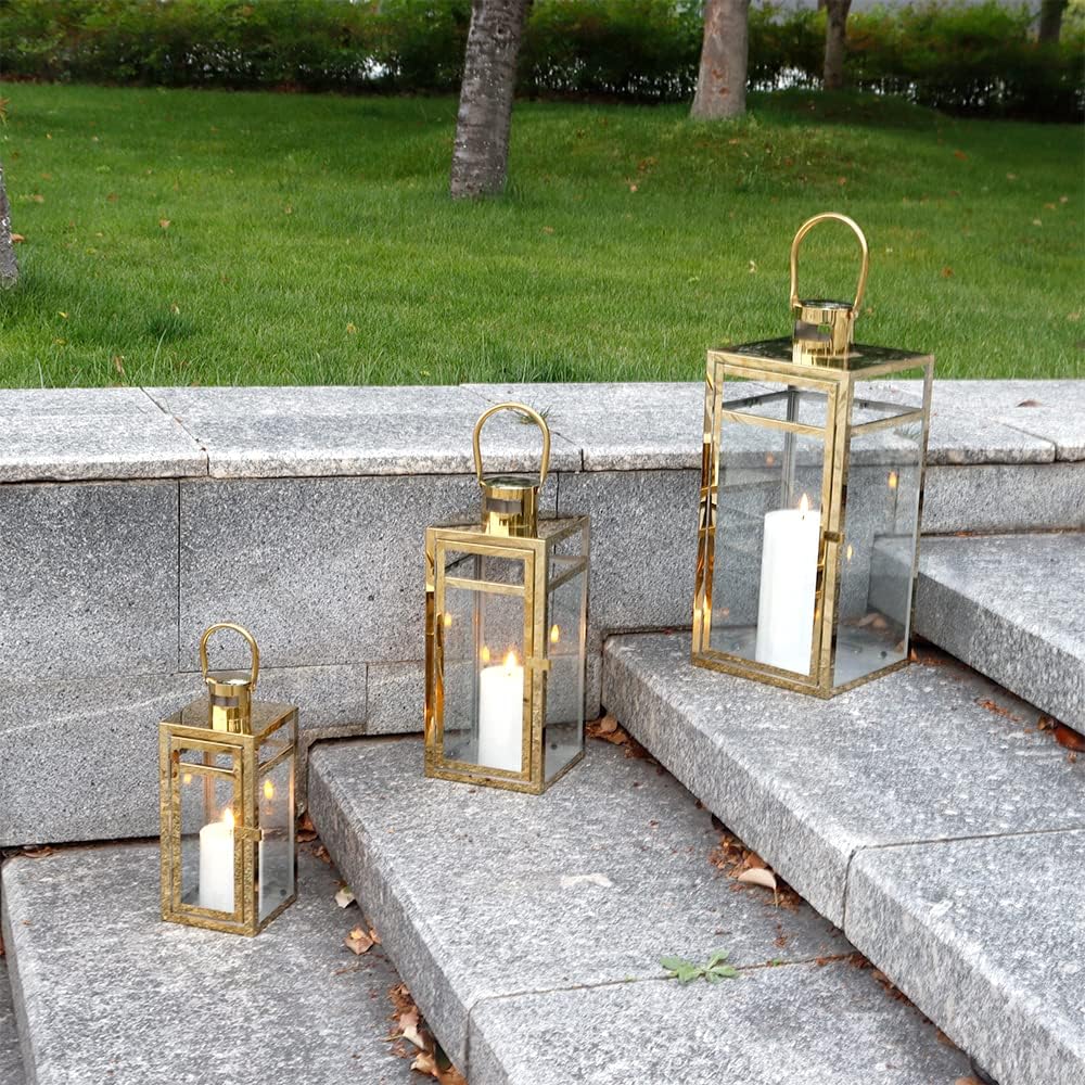 TRIROCKS Elegant Gold Stainless Steel Lantern Set- 3 Sizes (12", 15", 19") - Tempered Glass Panel Metal Lanterns for