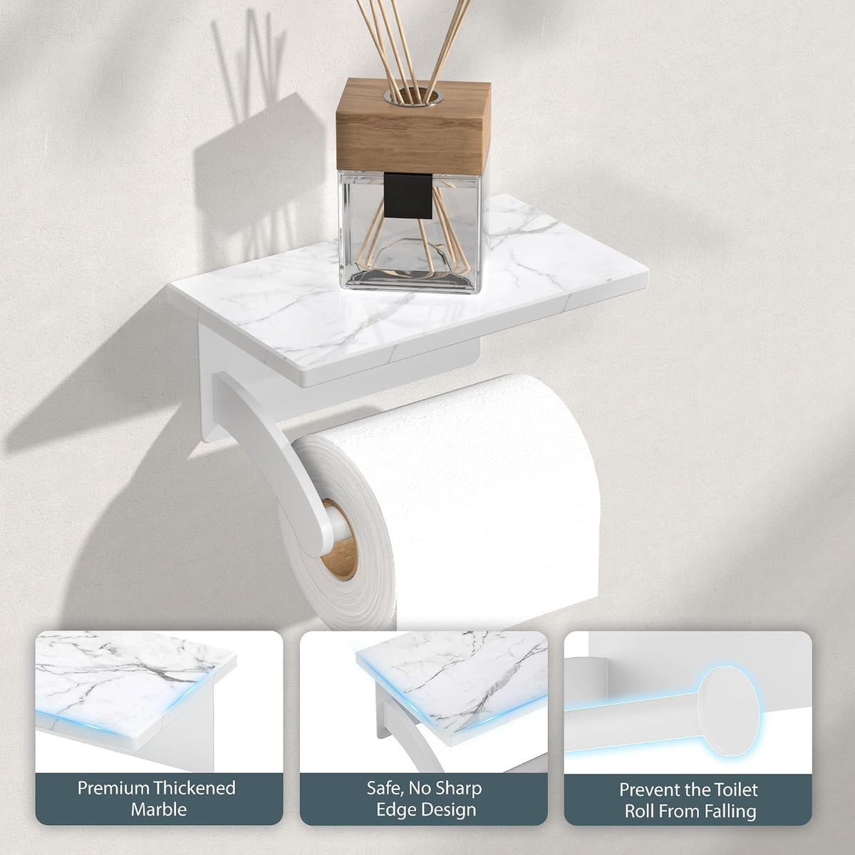 FORIOUS Natural Marble Toilet Paper Holder with Phone Shelf, Commercial | White, Wall Mount 304 Stainless Steel