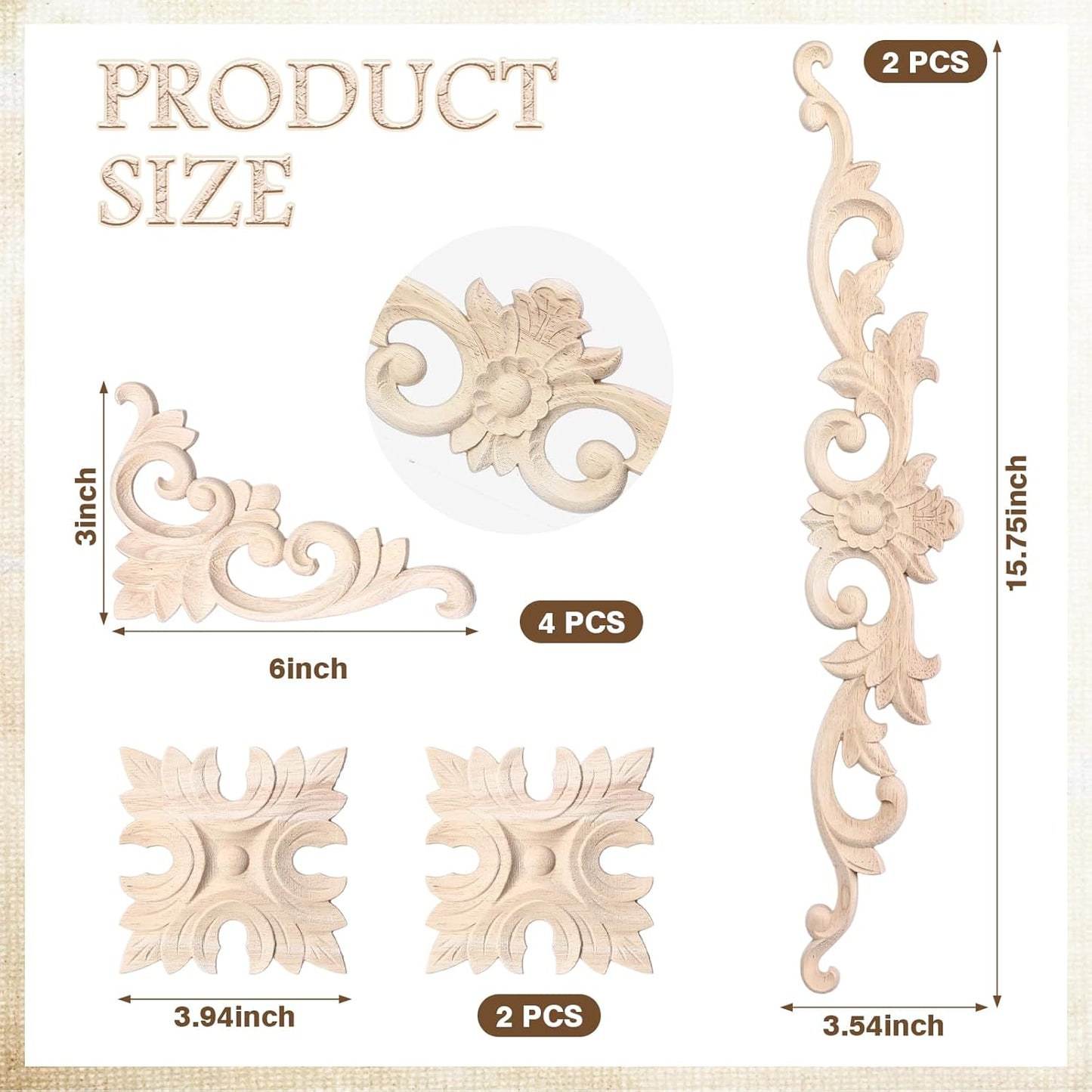 Wood Appliques and Onlays for Furniture Carved Onlays DIY / Classic Style / Large Size / Set of 8