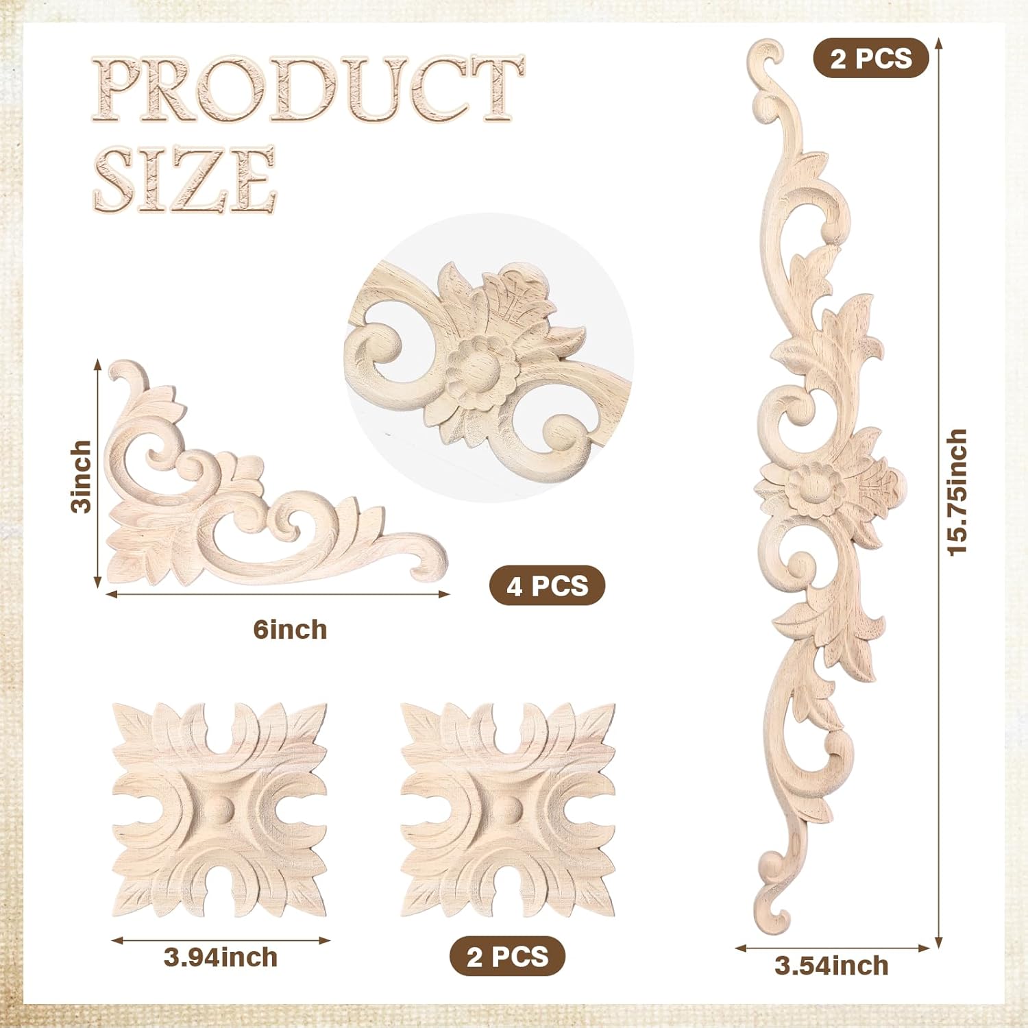 Wood Appliques and Onlays for Furniture Carved Onlays DIY / Classic Style / Large Size / Set of 8