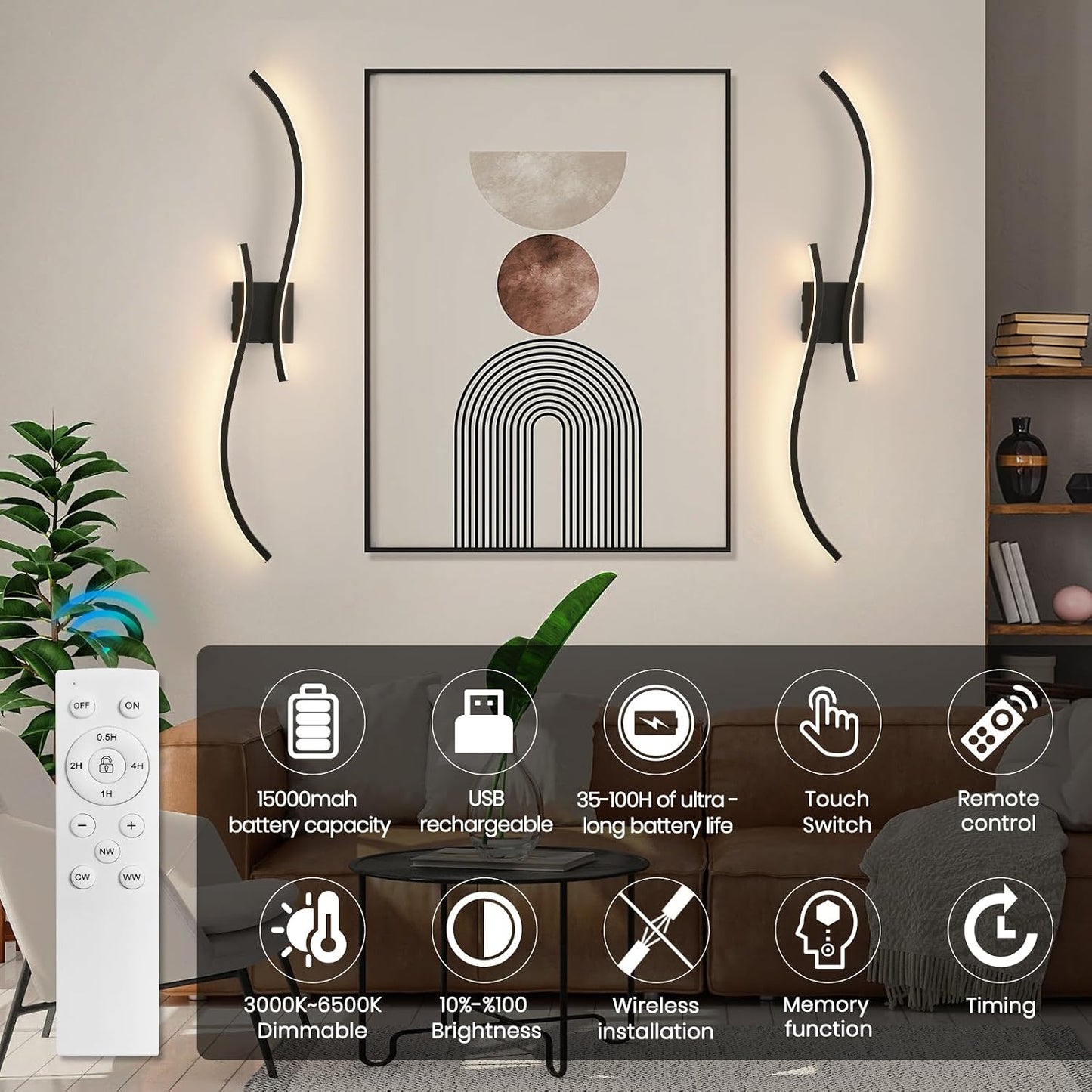 Battery Operated Wall Sconce Set of 2, 18000mAh Black Rechargeable Wall Lights with Remote Control,3000K-6000K Dimmable