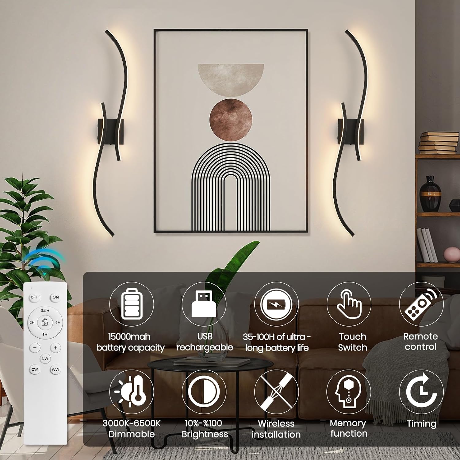 Battery Operated Wall Sconce Set of 2, 18000mAh Black Rechargeable Wall Lights with Remote Control,3000K-6000K Dimmable