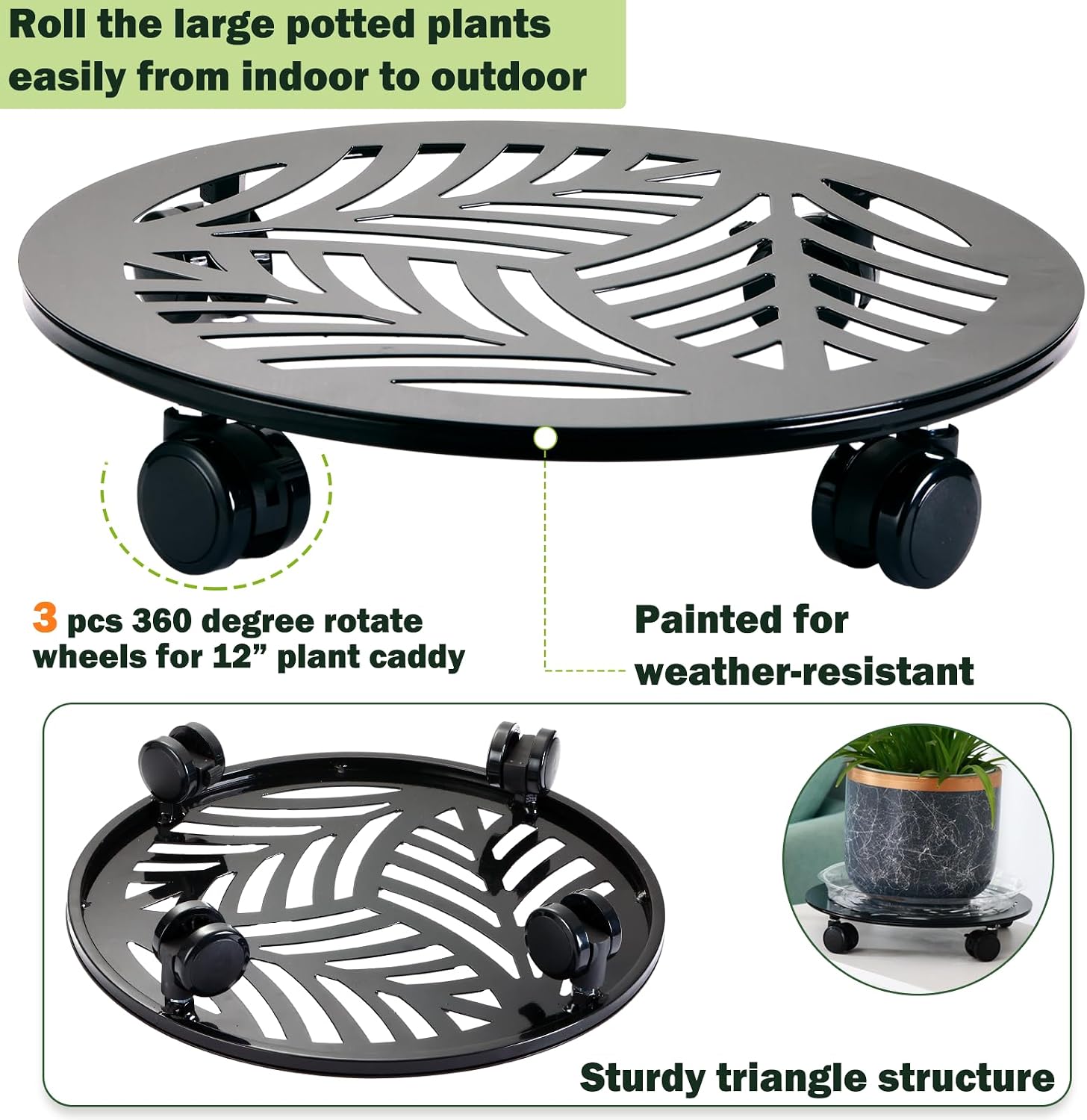 4 Packs Large Metal Plant Caddy with PU Wheels 13" Heav-Duty Wroght Iron Rolling Plant Stands Indoor Outdoor Wheeled