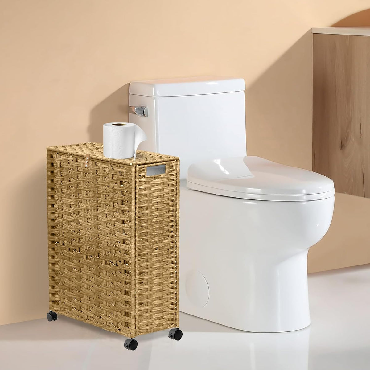 Hiagnete Toilet Paper Storage Basket with Lid and Wheels, Rattan Toilet Paper Holder Storage, Toilet Paper Organizer