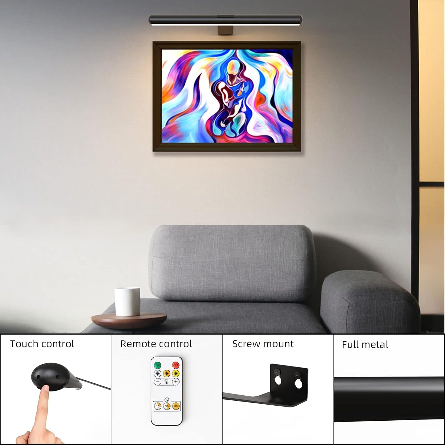 16inch Picture Light for Wall with Remote,Rechargeable Battery Dimmable Painting Lighting for Art Full Metal Magnetic