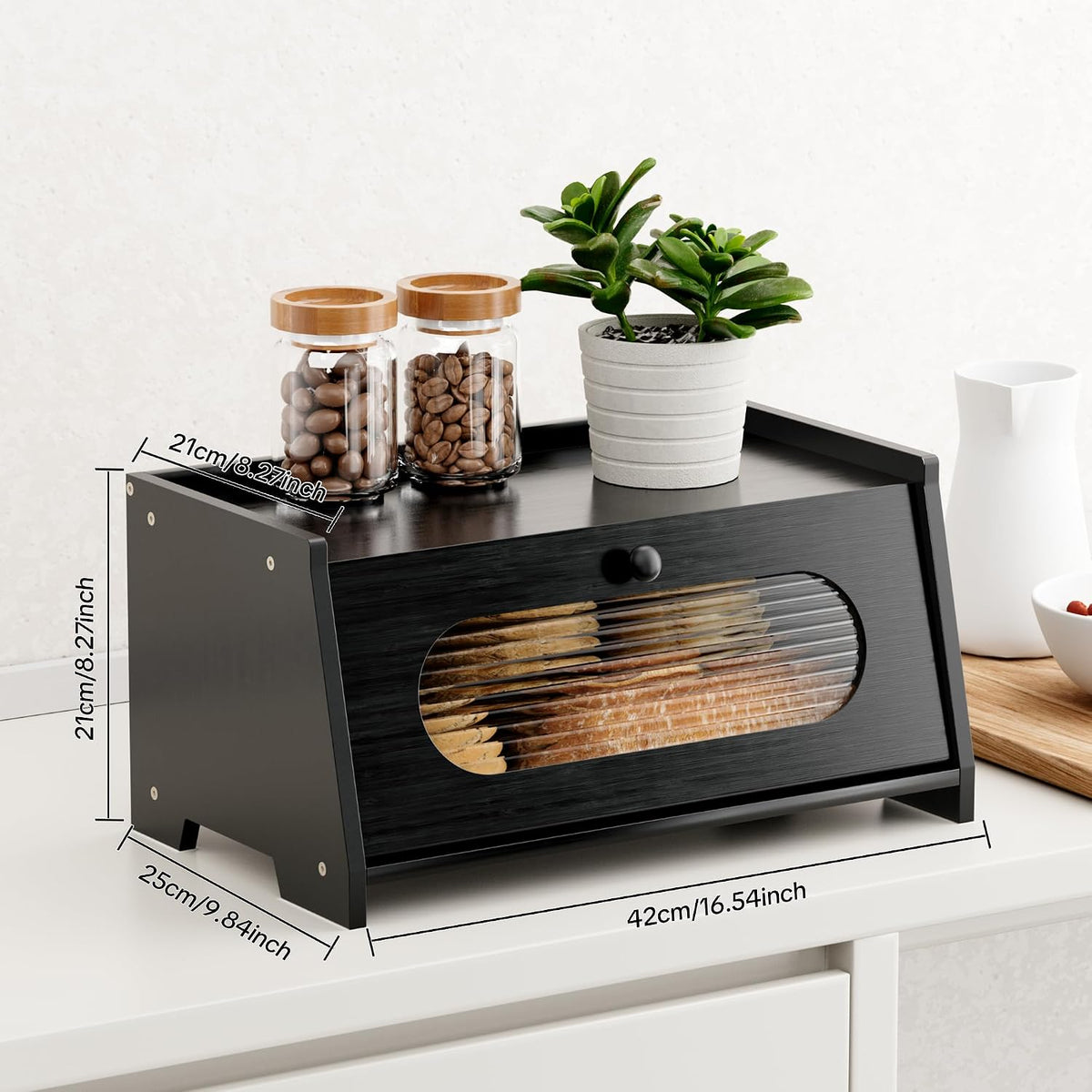 Black Bread Box for Kitchen Countertop,Large Capacity Kitchen Countertop Organizer,Bread Storage with Acrylic Window