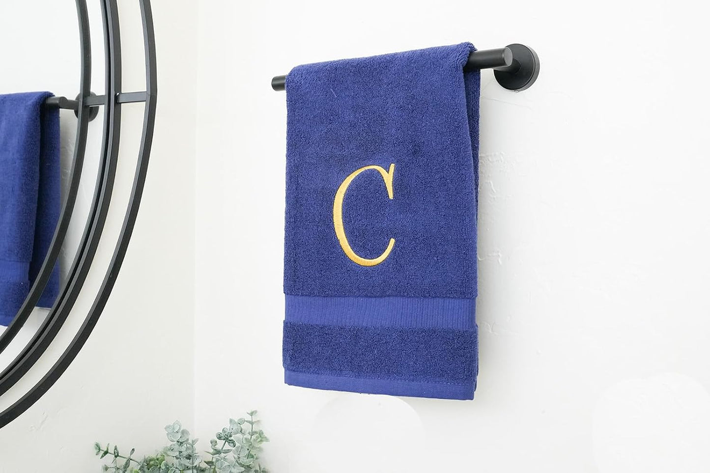 Navy with Gold Monogrammed Hand Towels for Bathroom - Set of 2 Letter C | Luxury Hotel Quality Initial Towels For