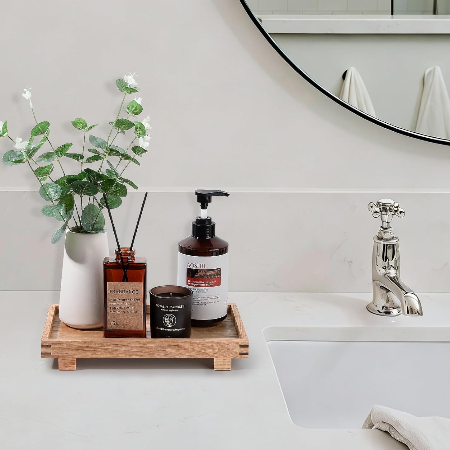 Decorative Tray Small Pedestal Stand Farmhouse Bathroom Decor Wooden / Brown / 11.4 x 6.7 x 1.7