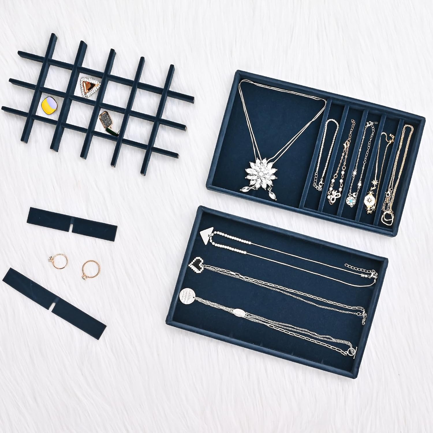 Stackable Jewelry Organizer Trays for Drawers / 4 Layers / Darkblue