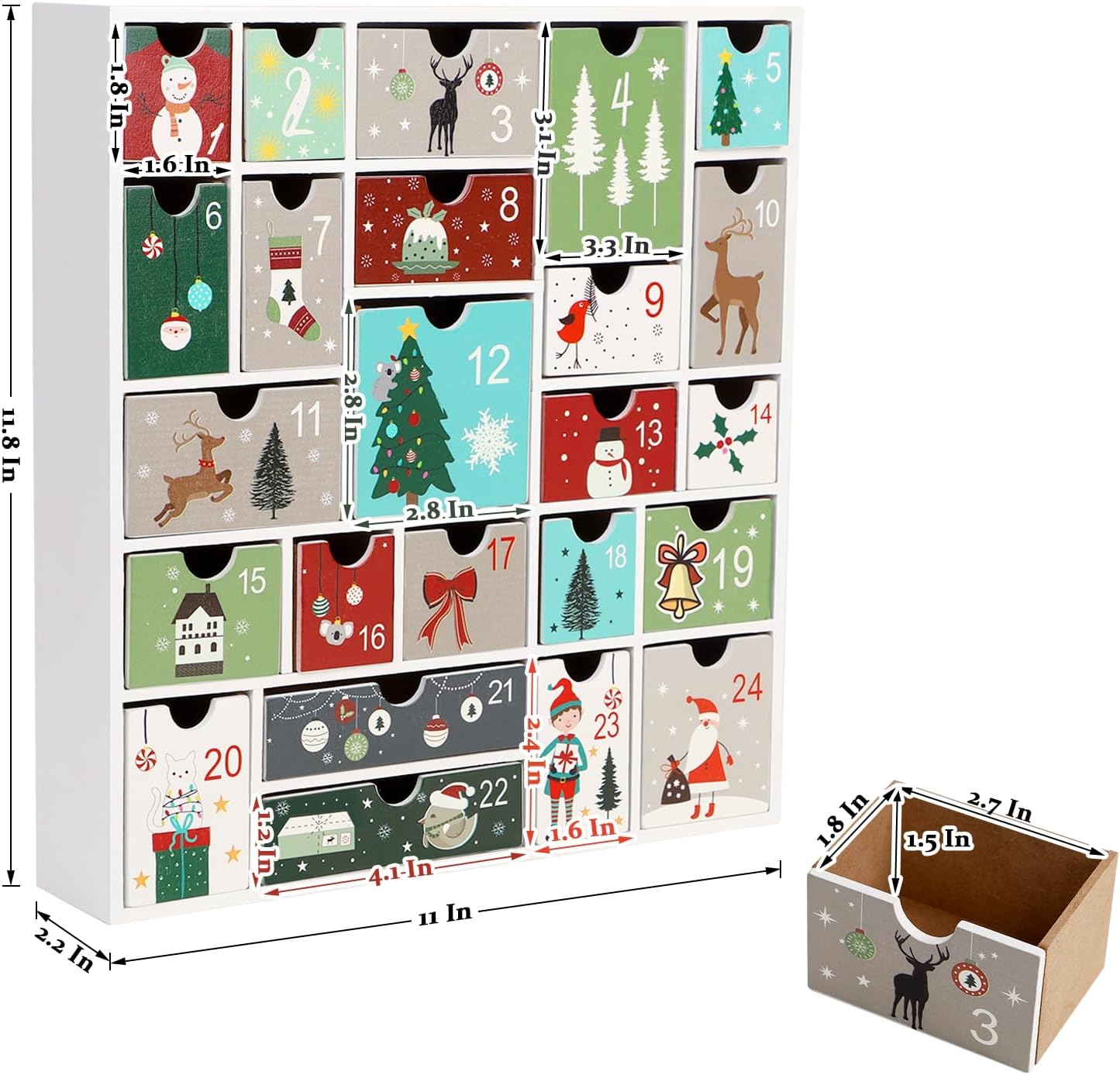 Wooden Christmas Advent Calendar with 24 Drawers, Countdown to Christmas, Refillable Wooden Advent, White