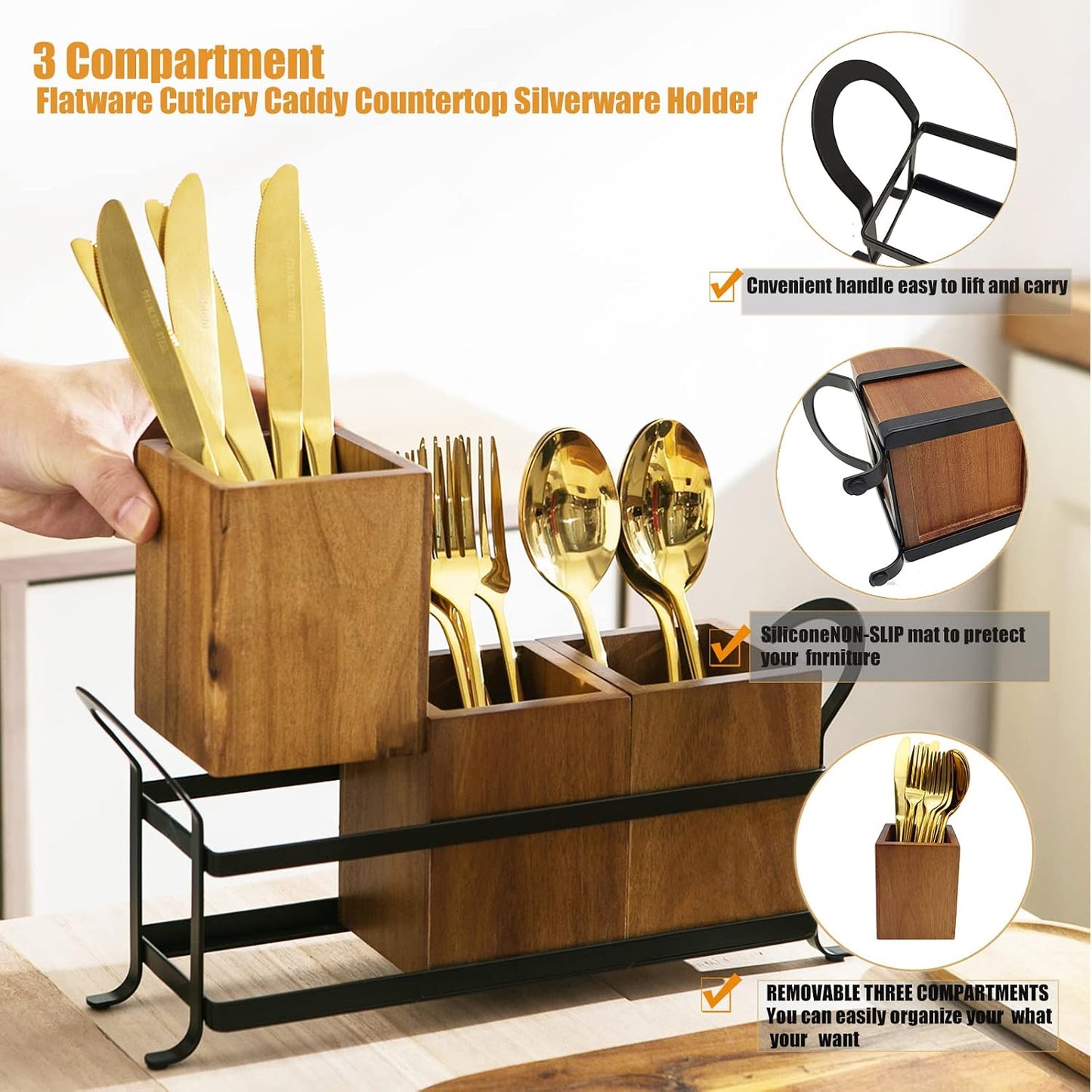 NelyBet Utensil Caddy Silverware Cutlery Holder with 3 Compartment, Wooden Utensil Crock Flatware Organizers with Metal