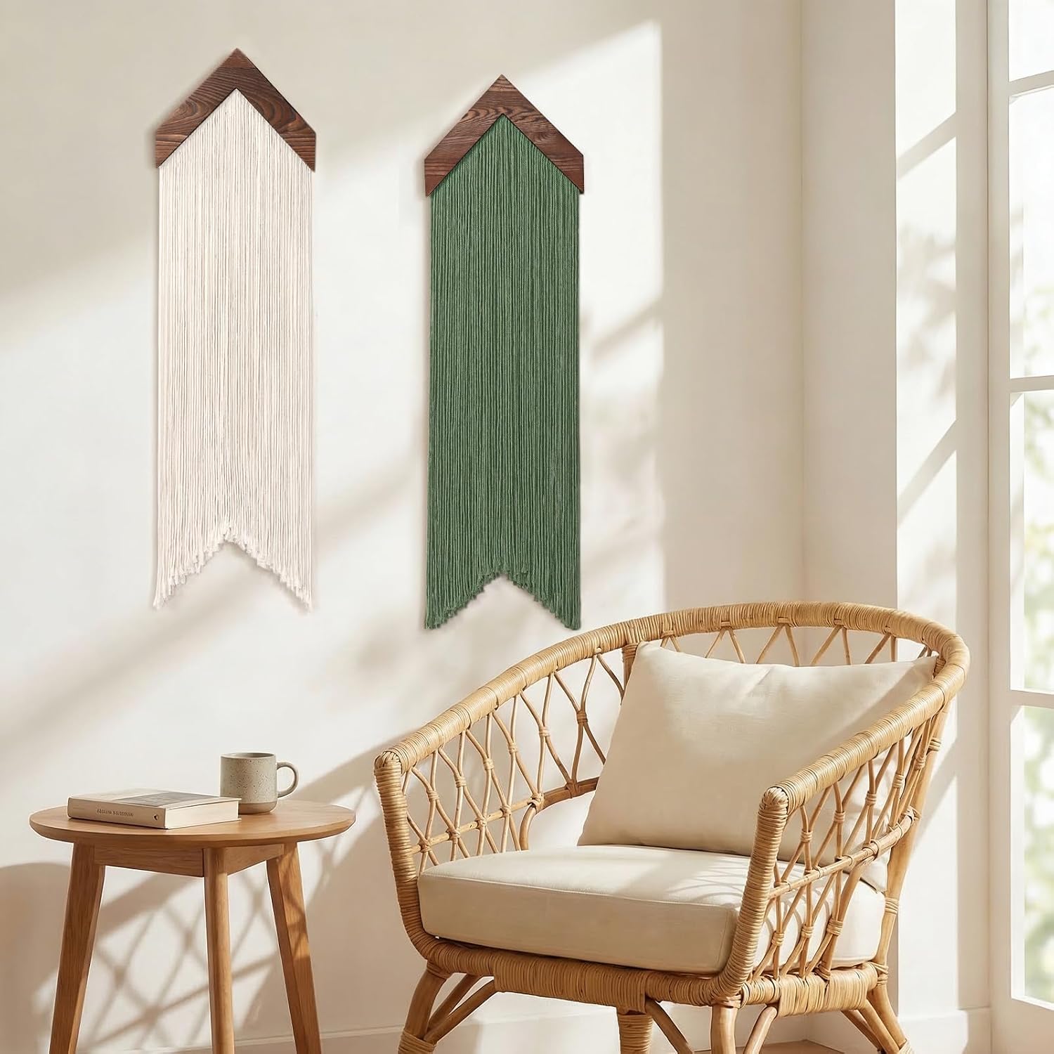 Macrame Wall Hanging Boho Wall Decor / Green Beige / Set of 2