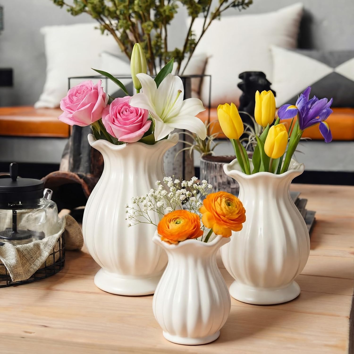 Ceramic Vase Set Small Rustic Decorative Vases Home / 5.7, 6.7, 7.9in / Elegant / White / Set of 3
