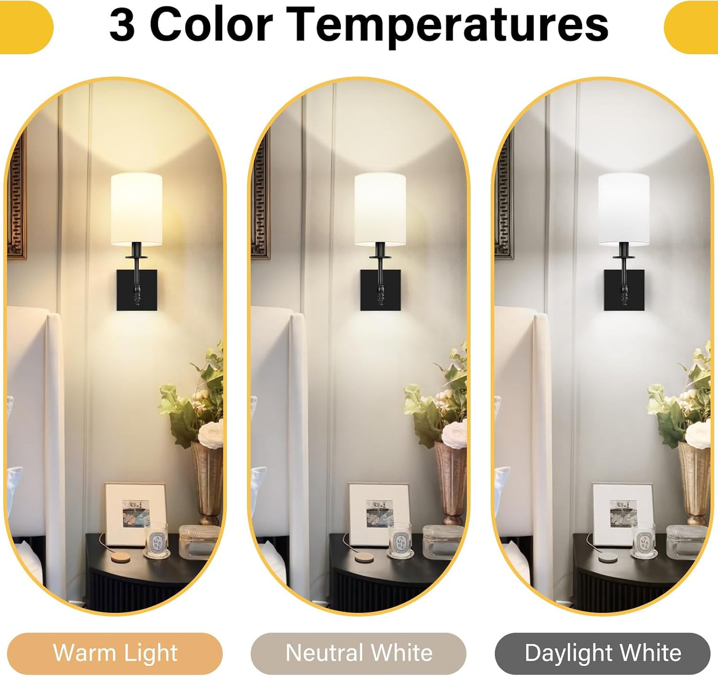 14 Inch Black Battery Operated Wall Sconces Set of 2, Rechargeable Wireless Wall Lights with Remote & White Fabric