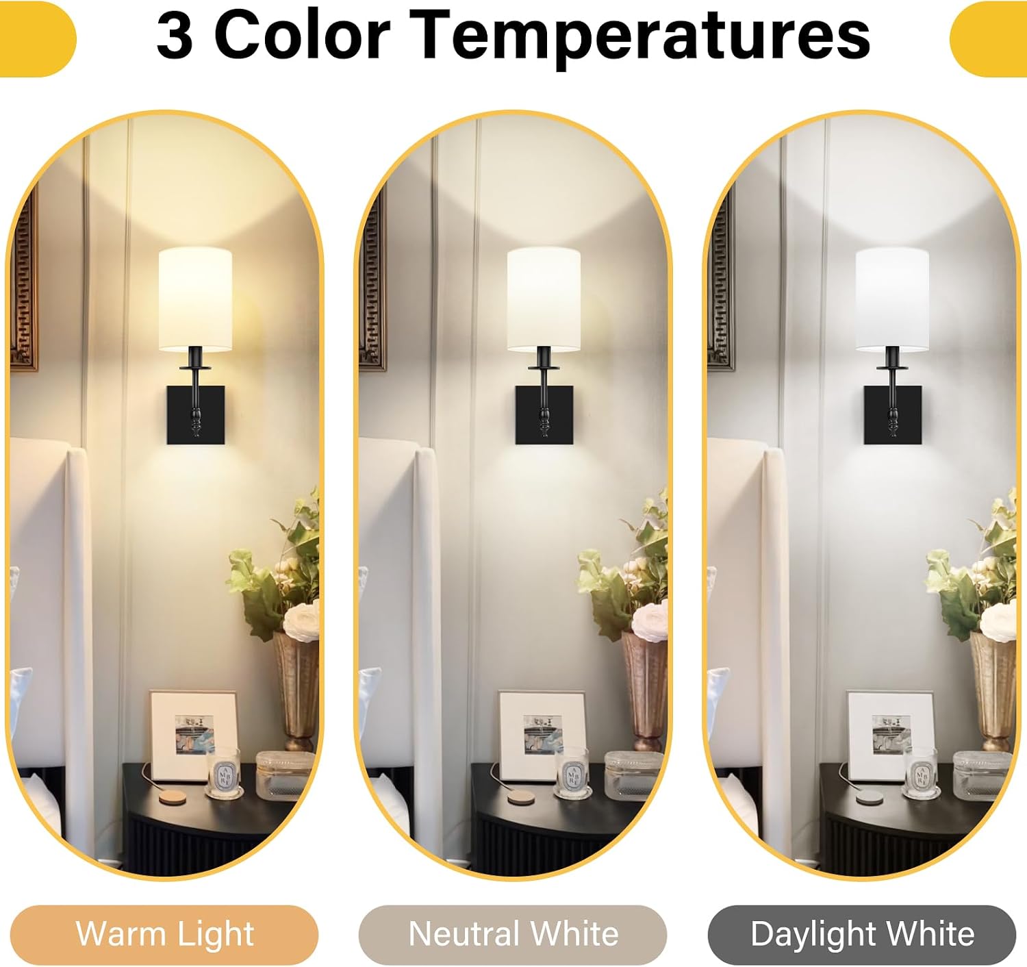 14 Inch Black Battery Operated Wall Sconces Set of 2, Rechargeable Wireless Wall Lights with Remote & White Fabric