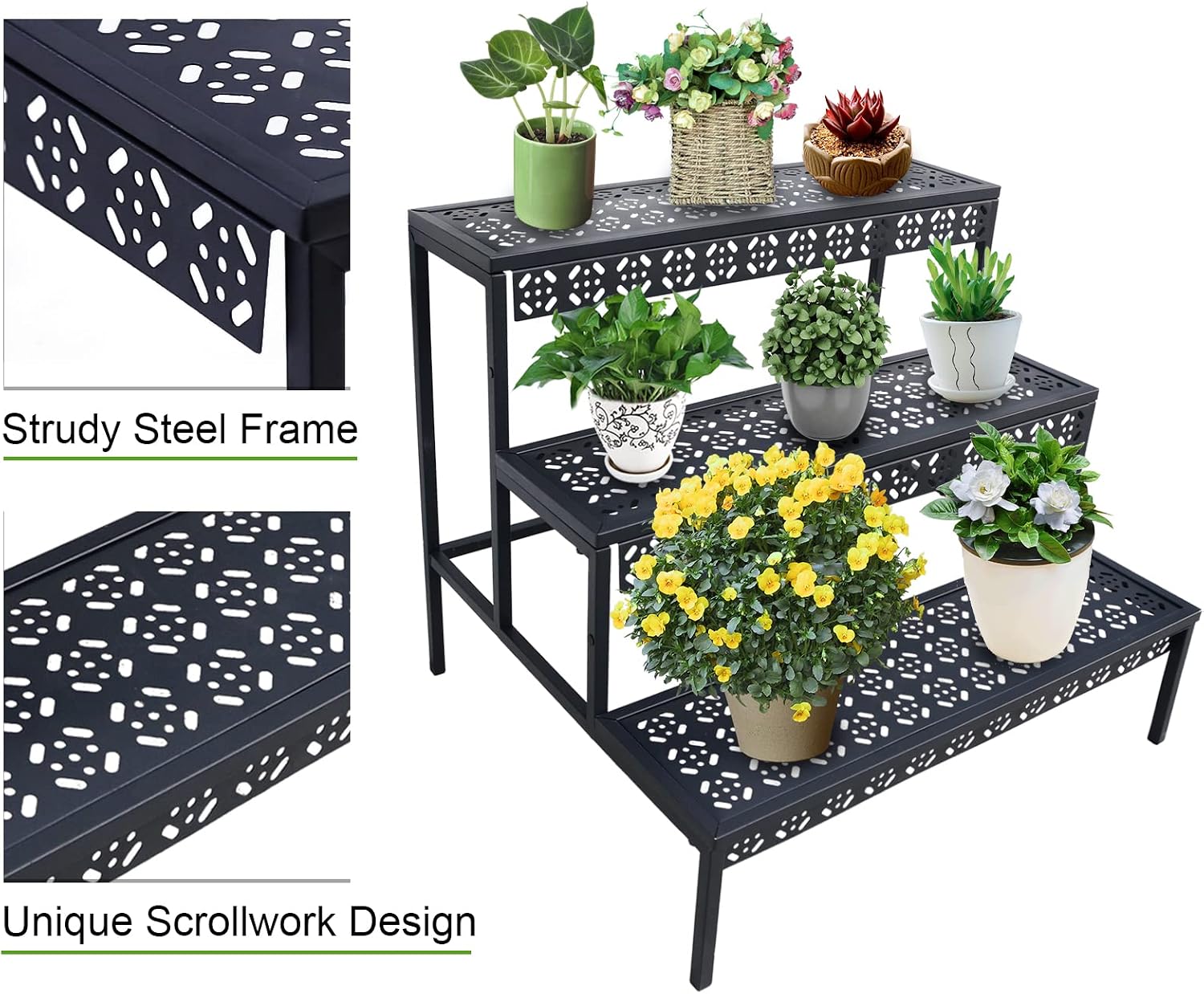 aboxoo 3-Tier Stair Style Metal Plant Stand, Large Indoor Outdoor Shelf | Holds multiple flower pots,Indoor/outdoor