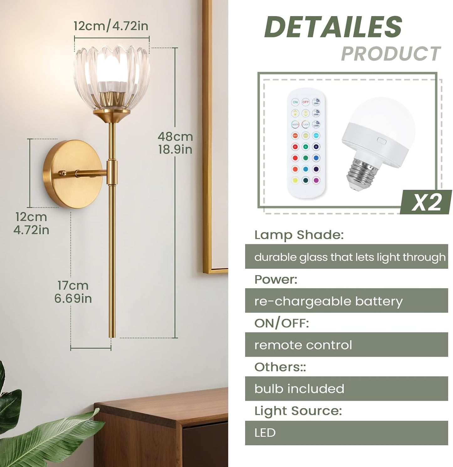 Vintage Battery Operated Wall Sconce Set of 2,Rechargeable Wall Lights with RGB Dimmable Detachable Bulbs and