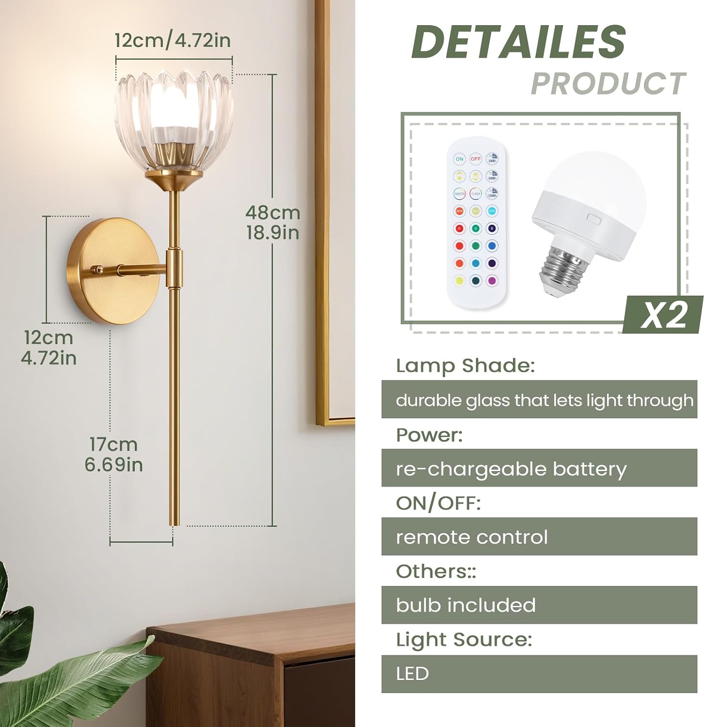 Vintage Battery Operated Wall Sconce Set of 2,Rechargeable Wall Lights with RGB Dimmable Detachable Bulbs and