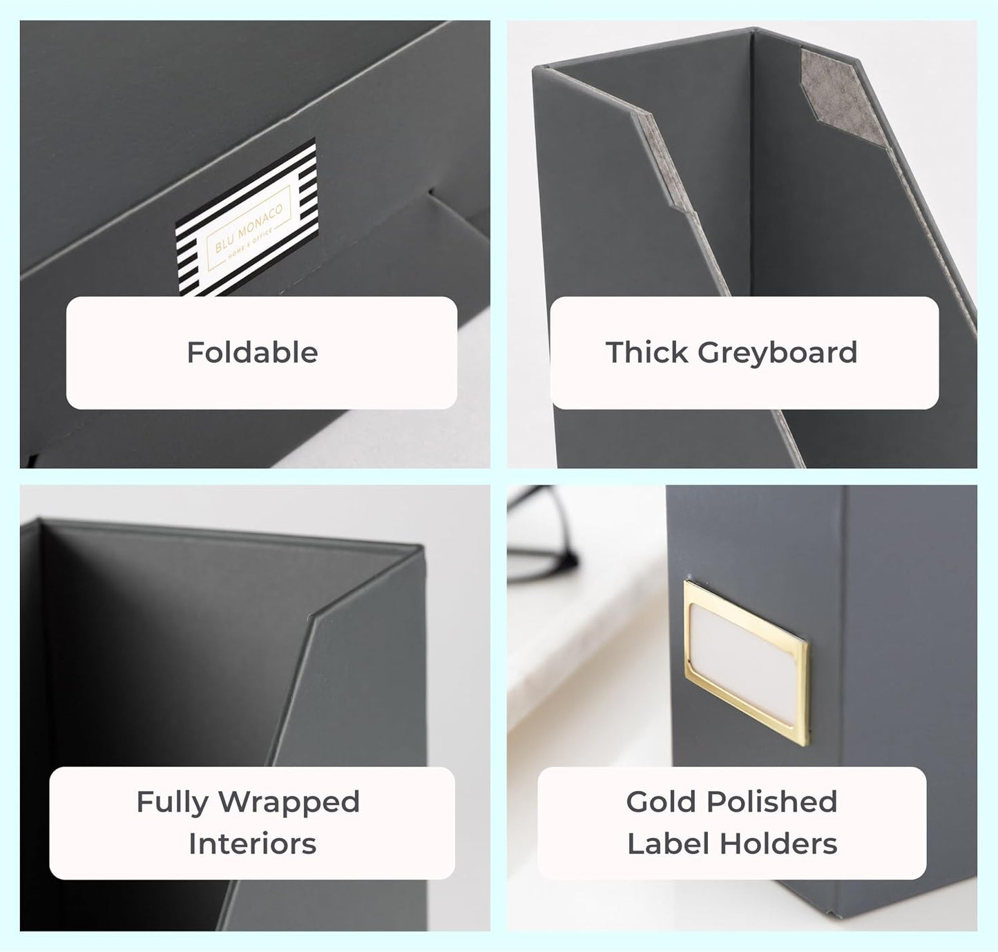 BLU MONACO | Set of 6 Foldable Grey Magazine File Holders with Gold Label Holders | Vertical File Organizer Boxes for