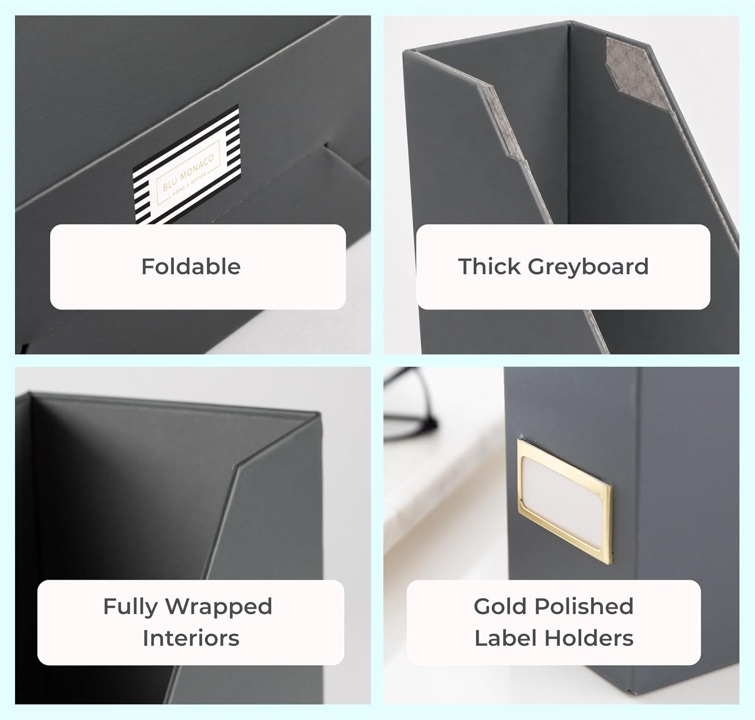 BLU MONACO | Set of 6 Foldable Grey Magazine File Holders with Gold Label Holders | Vertical File Organizer Boxes for