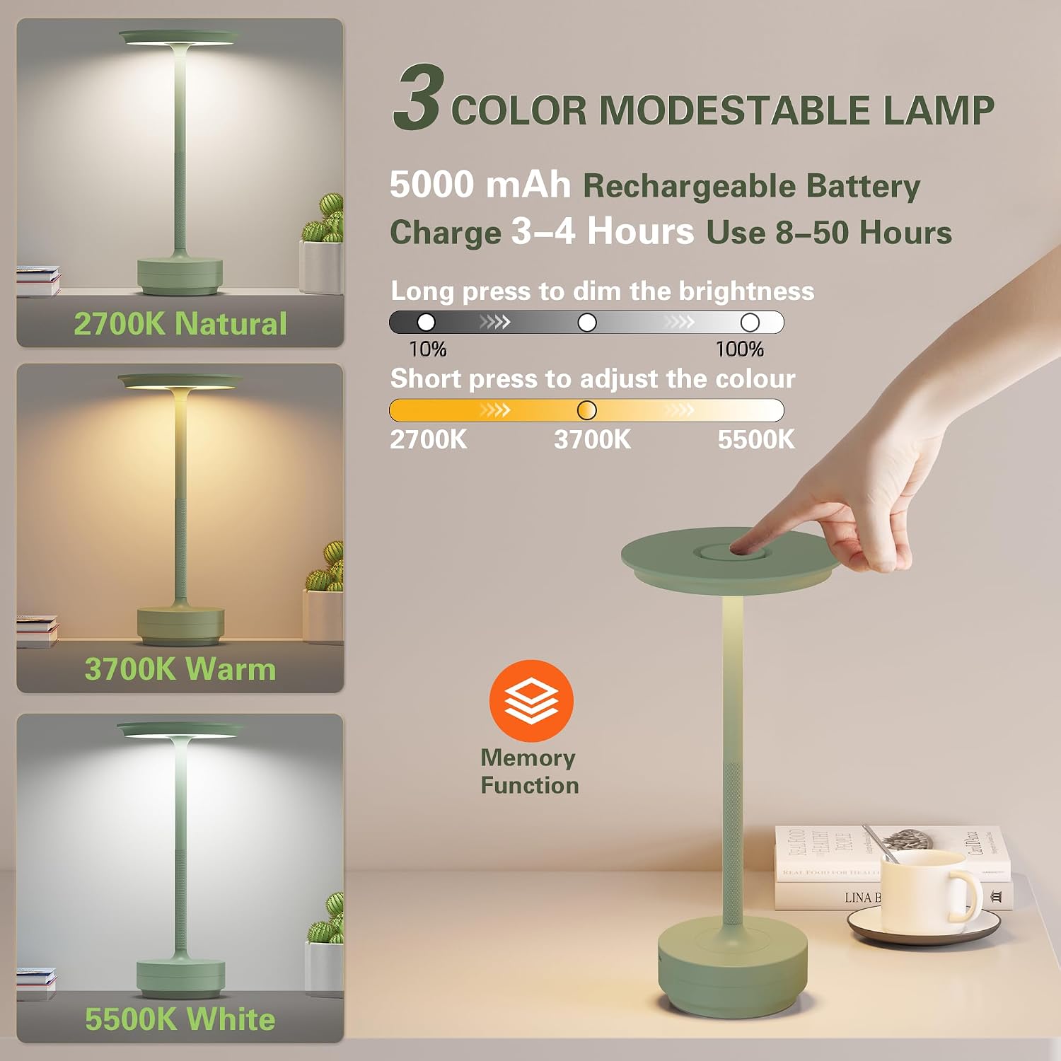 Cordless Rechargeable Table Lamps,Portable Battery Desk Lamp | | IP54 Waterproof Touch Table Lamps with Memory