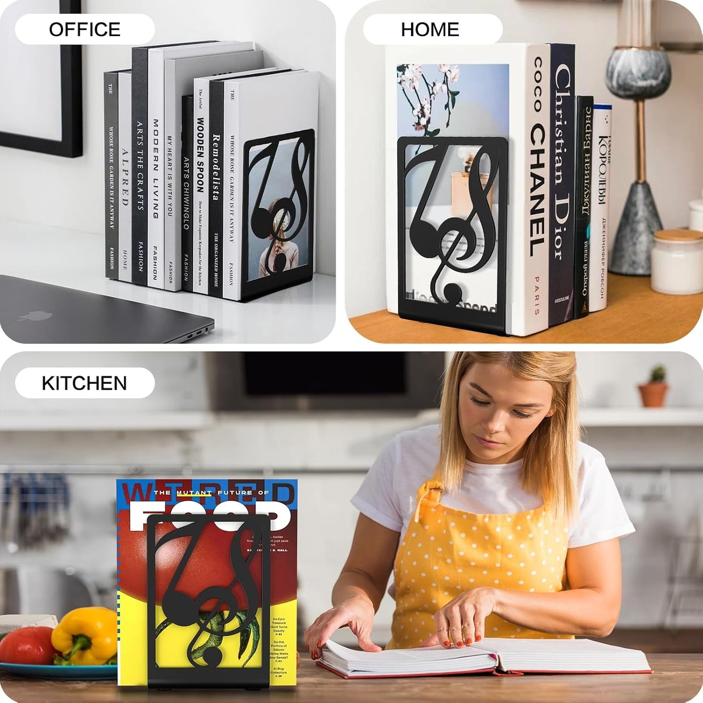 Metal Book Ends for Heavy Books & Shelves / Music / 1 Pair / Black