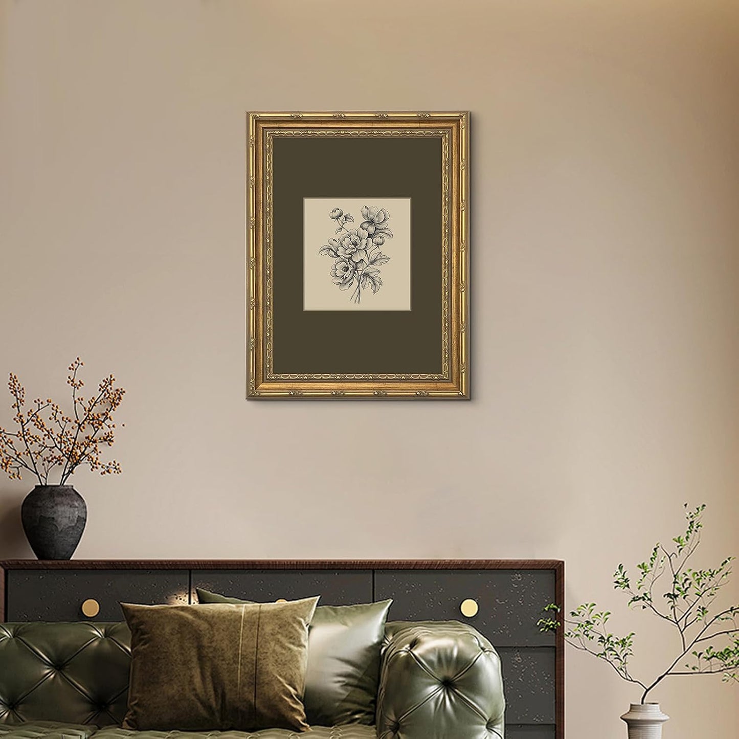 Vintage Botanical Dark Flower / Sketch / 16"L x 12"W / Green