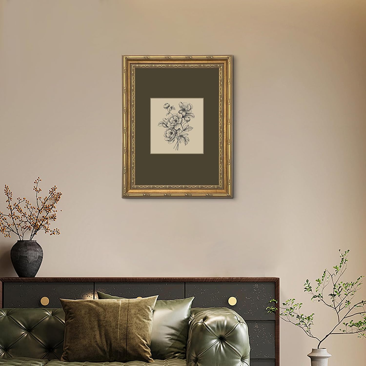 Vintage Botanical Dark Flower / Sketch / 16"L x 12"W / Green