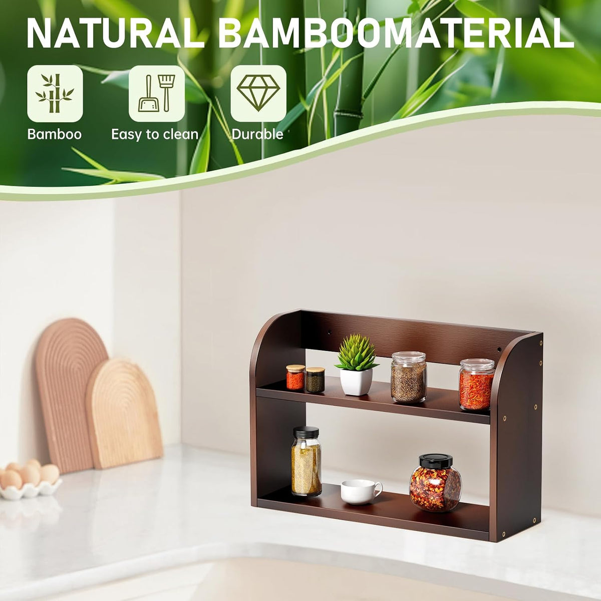 ROMGUAR CRAFT 2 Tier Bamboo Spice Rack, Countertop or Wall Mounting Wood Spice Jars Organizer Shelf for Kitche, Pantry