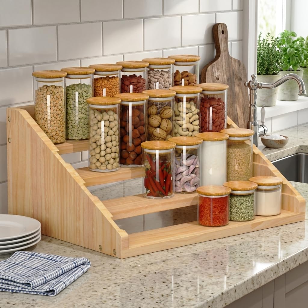 Solid Wood Spice Rack Organizer for Countertop & Cabinet, 4 Tier Adjustable Wooden Spice Shelf with Sliding Track
