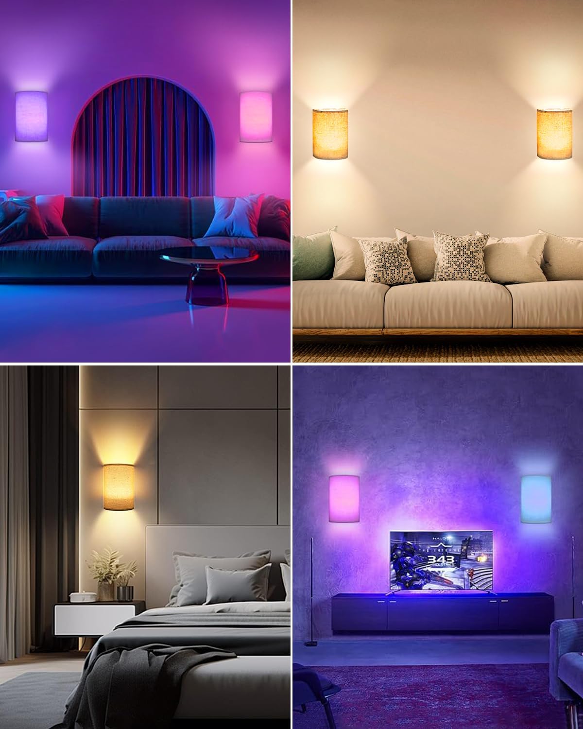 FINCMY Battery Operated Wall Sconces Set of Two, 18 RGB Colors Stick on Wall Lights with Remote, Changeable Dimmable