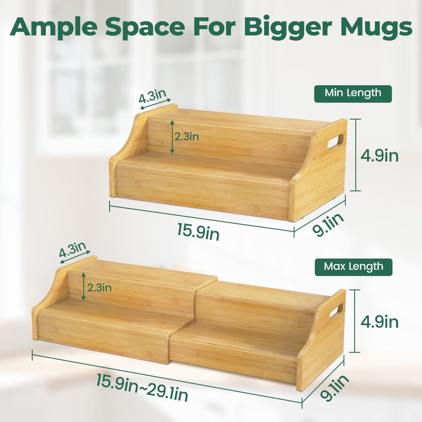 EsLuker.ly Coffee Mug Cup Holder Rack for Cabinets Countertop, Bamboo | 2 Tier Expandable Mug Storage Organizer Coffee