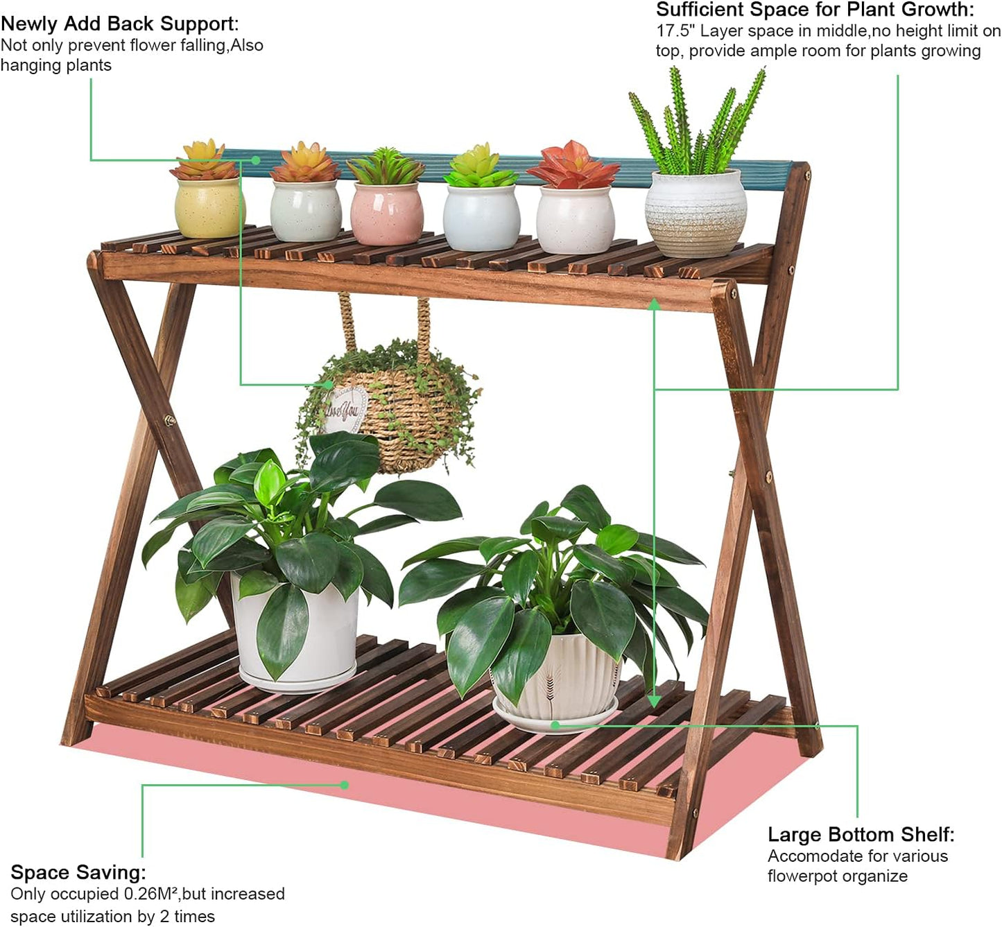 Indoor Plant Stand Shelf for Multiple Plants Hanging 2 Tier Wood | Outdoor Flower Pot Stand Holder with Planter Hanger